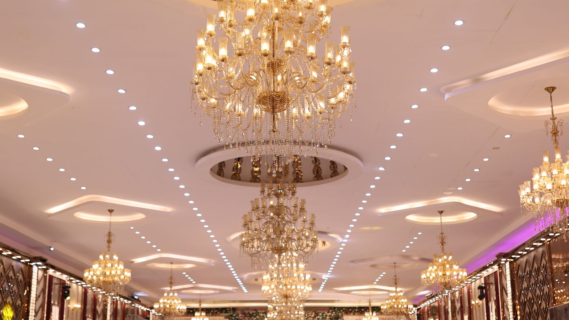 Luxurious banquet hall with grand crystal chandeliers